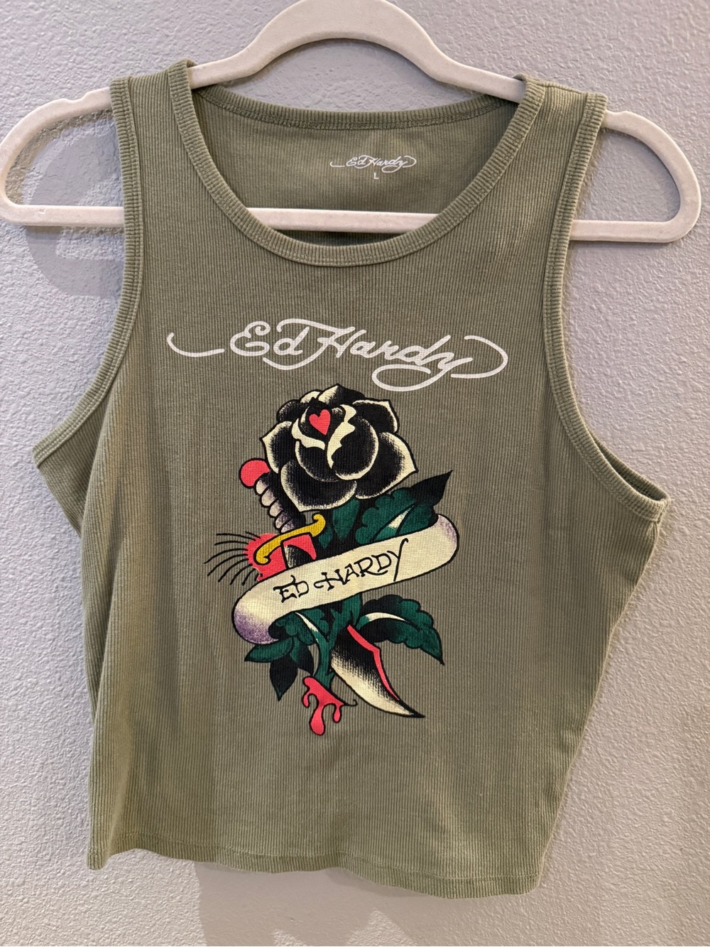 Ed Hardy Tattooed Rose tank Graphic Tank Green Size Large ๐